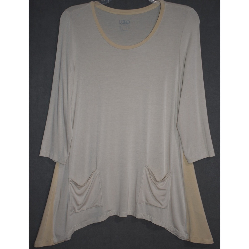 LOGO Lori Goldstein Cream Tan Sharkbite Hem Tunic Top 3/4 Sleeve Pockets Large